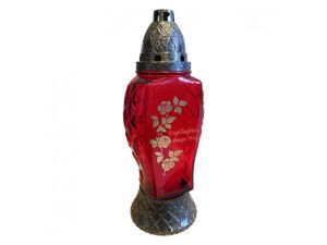 Grablampe aus Glas mit Rosenzweig 28cm rot