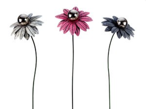3 bunte Blumen Gartenstecker Set Metall mit edelstahlkugel