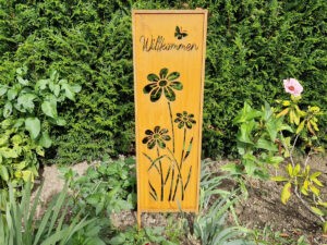 Schild „Willkommen“ Rostfinish 119cm gartenschild mit blumen