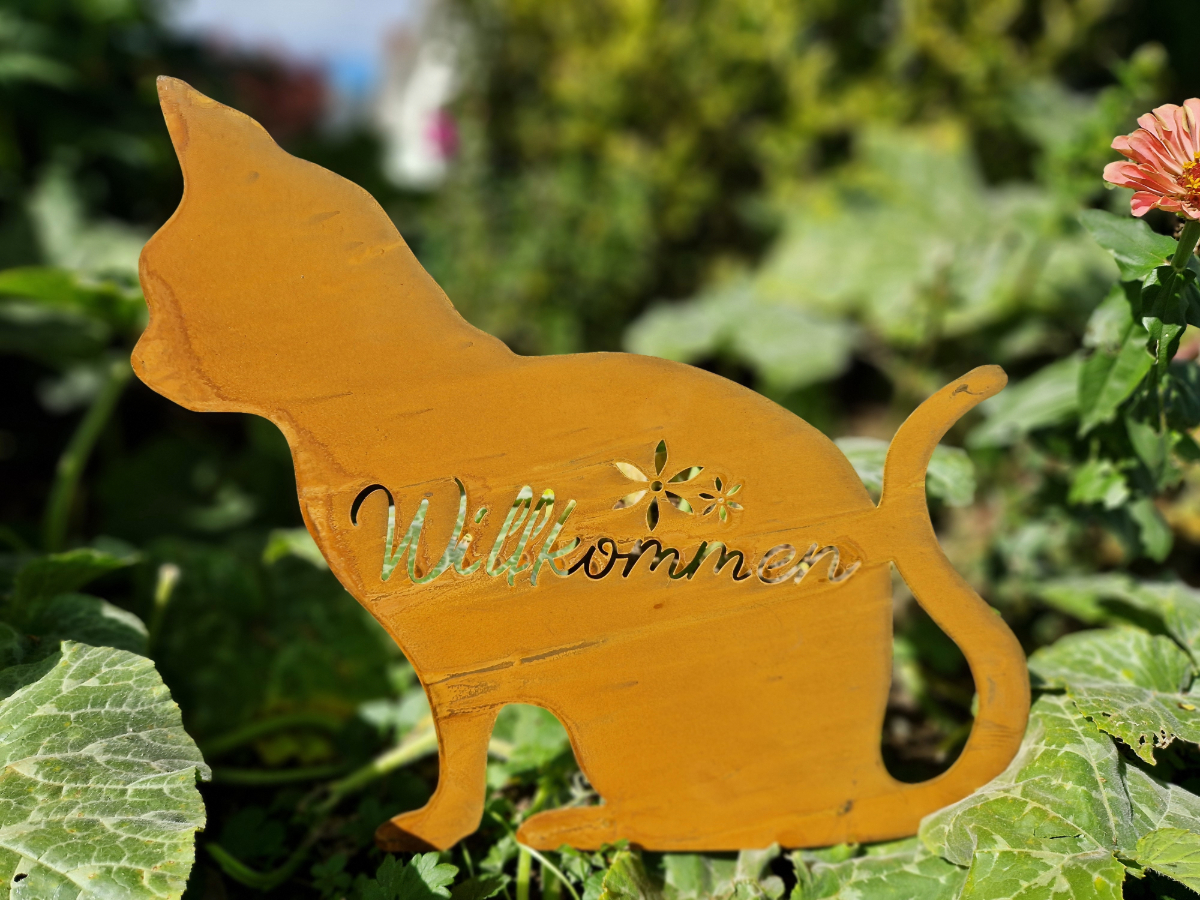 Metall Katze "Willkommen" 49.5cm mit blume
