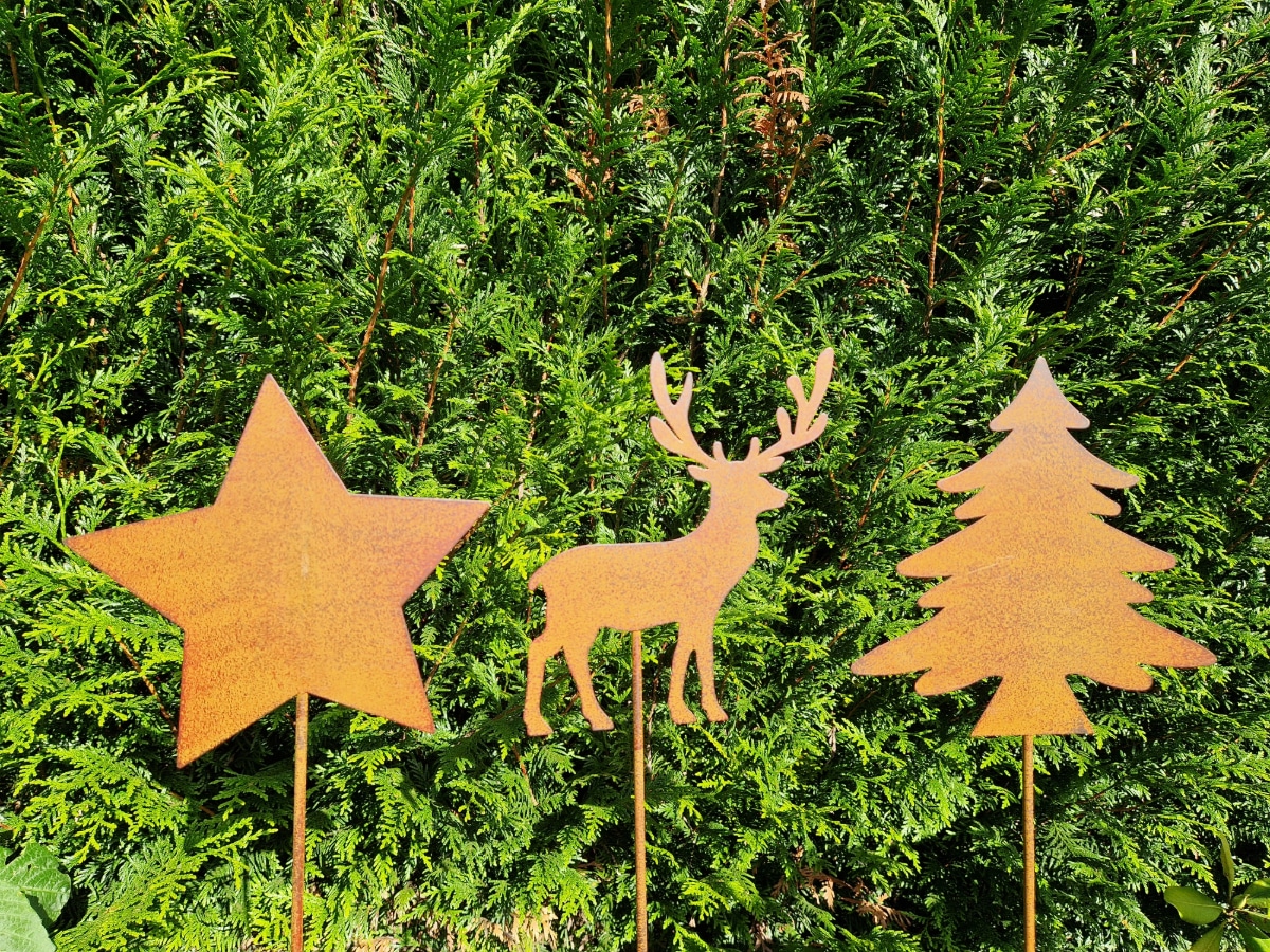 Weihnachtsdeko-Set-Gartenstecker-100cm Stern, Hirsch, tanne