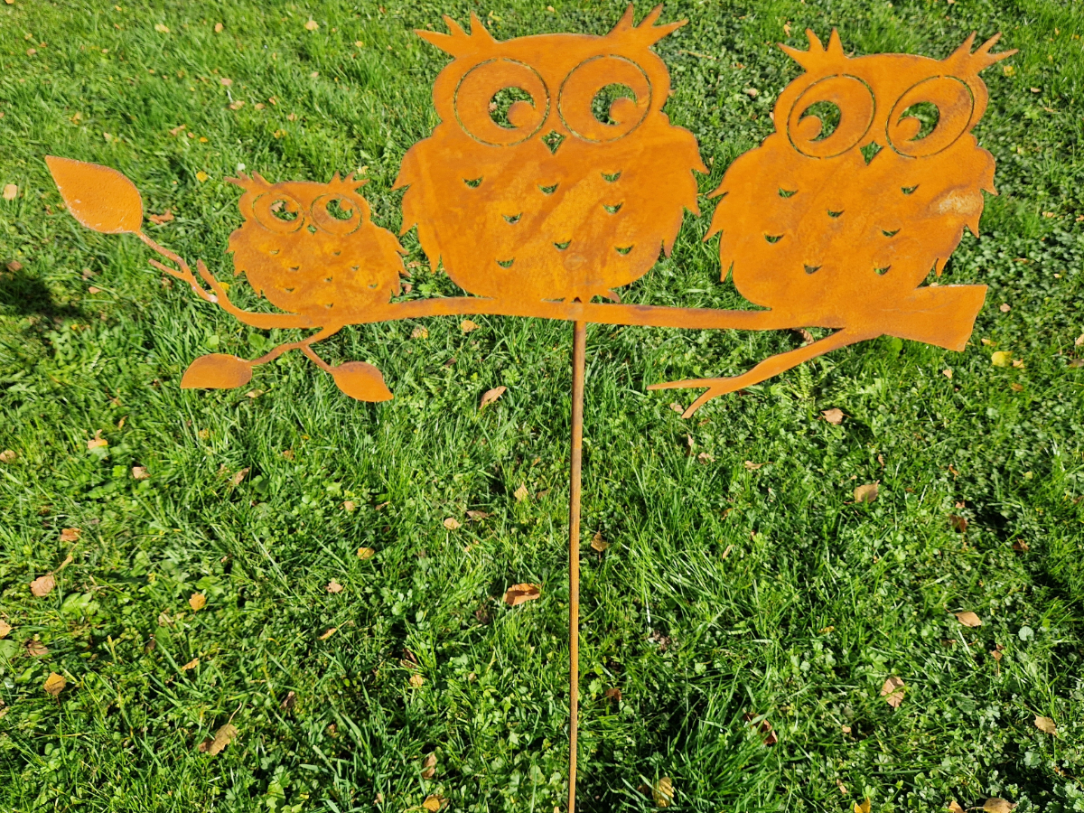 Drei Eulen Roststecker 120cm Gartendeko