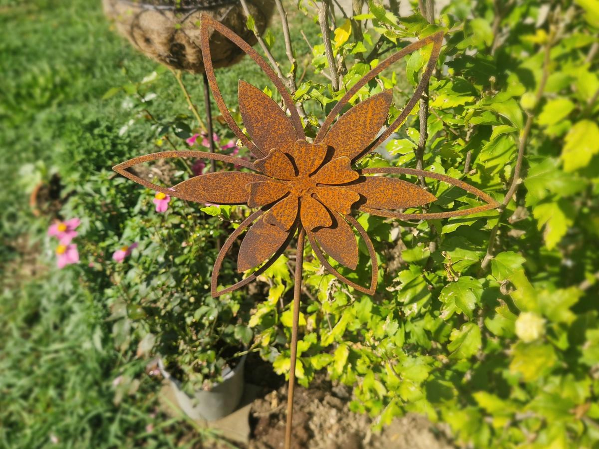 Rostblume aus Metall als Gartendeko im Blumenbeet
